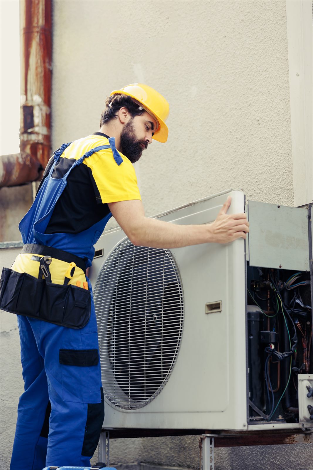 AC repair technician dismantling a condenser panel in Columbus OH